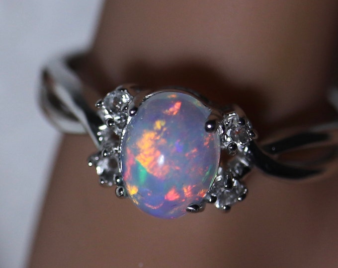 Wonderful glimmering fire opal, unique color palette, dainty opal ring, accented opal ring, opal engagement ring, delicate silver opal ring