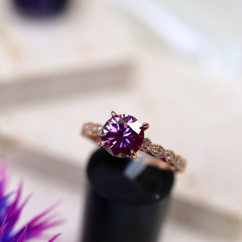 Purple Moissanite Engagement Ring Art Deco Solid Gold Wedding Ring set Diamond bridal ring set in 14k rose gold vintage style, imagen 6