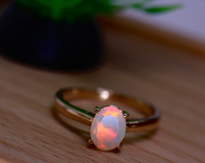 Gold Opal Engagement ring in 14k solid yellow gold oval solitaire ring/Gold Opal Wedding Ring/Dainty opal ring/Pink opal ring 14k gold, opal