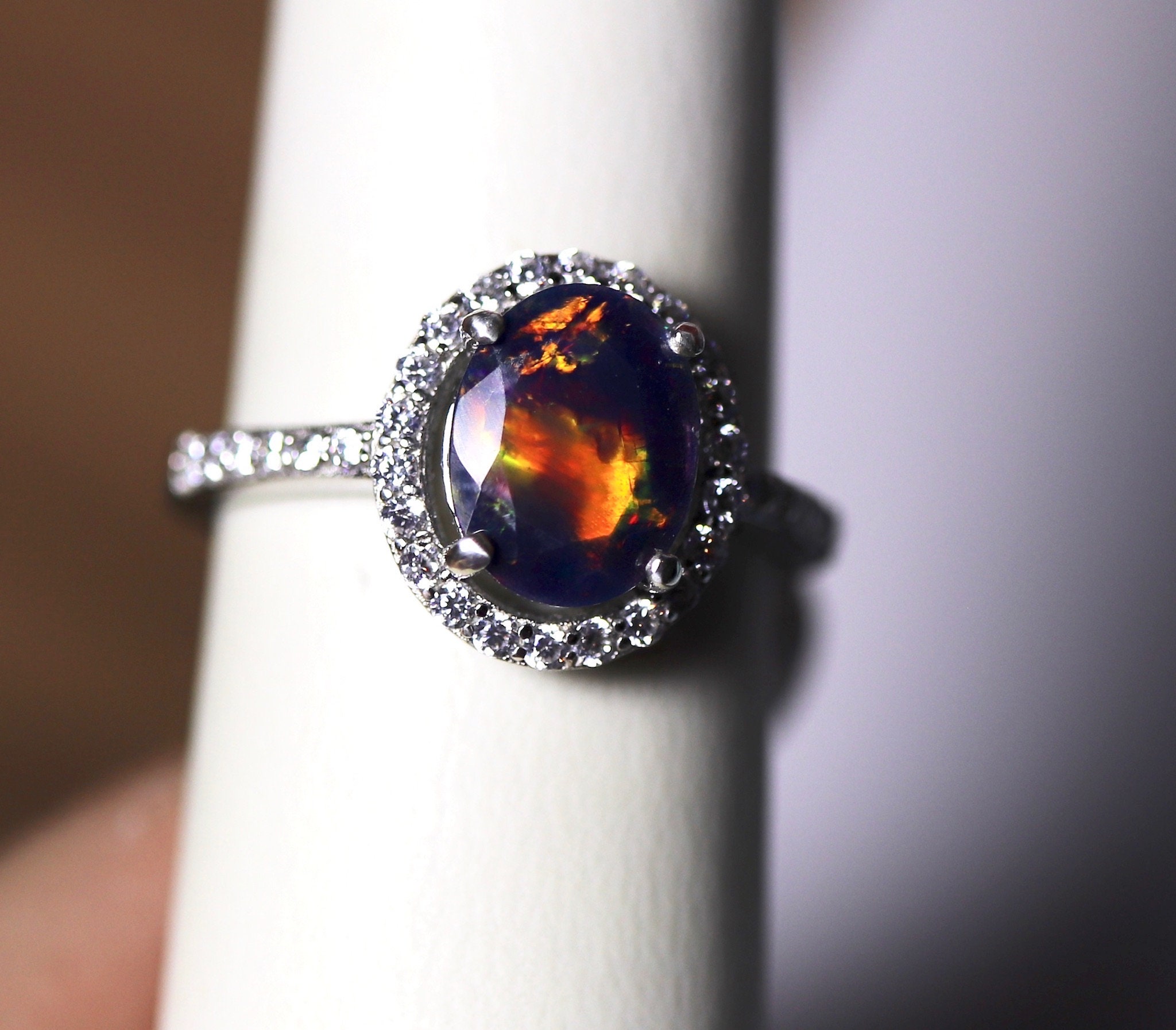 Black Opal Halo Ring Black Fire Opal Ring Opal Bridal Ring