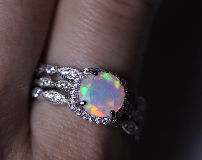 Opal bridal set, halo opal ring, cushion halo ring, genuine opal, Art Deco opal ring, half eternity opal, solid gold opal ring, bridal opal