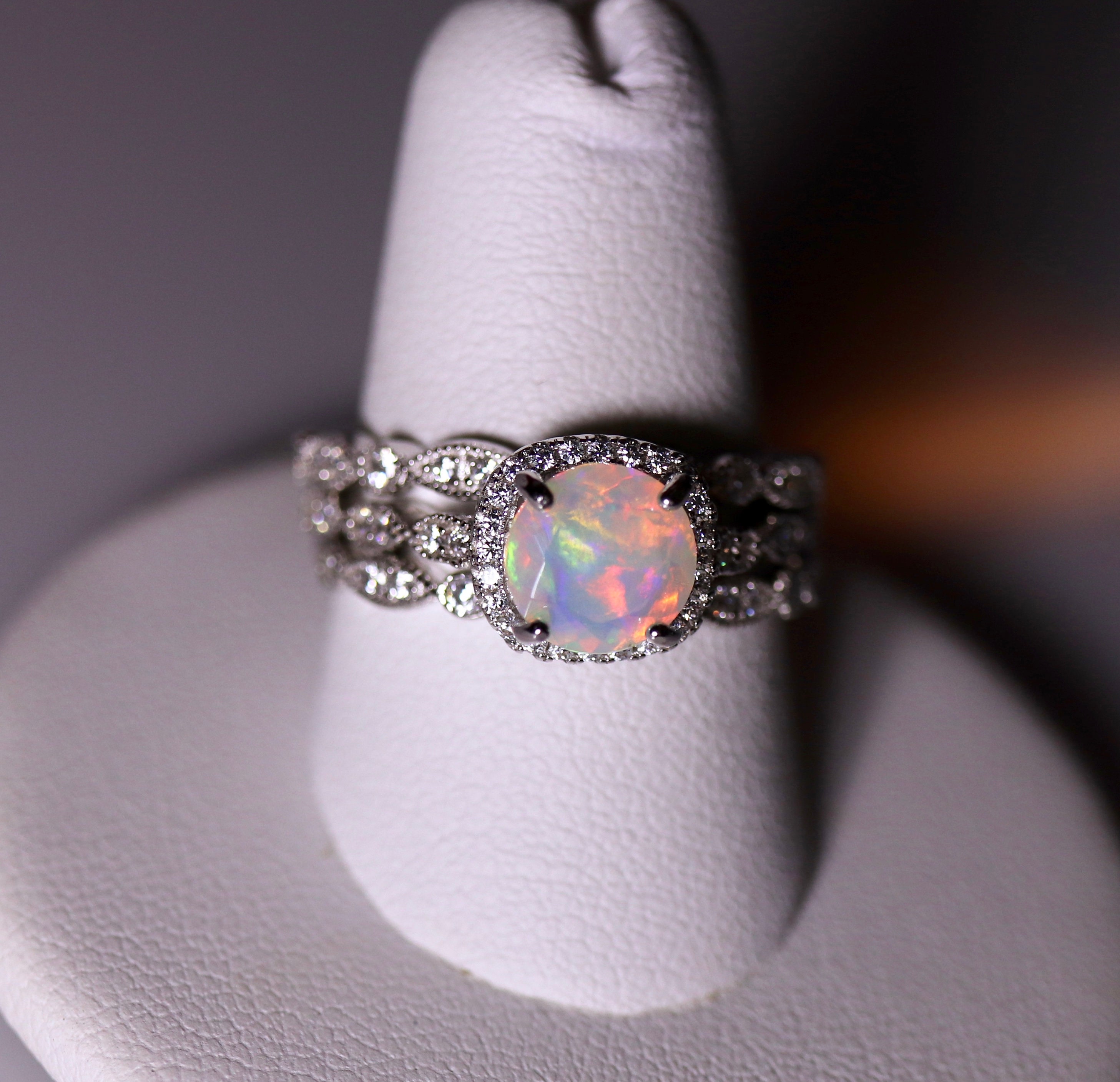Opal bridal set, halo opal ring, cushion halo ring, genuine opal, Art