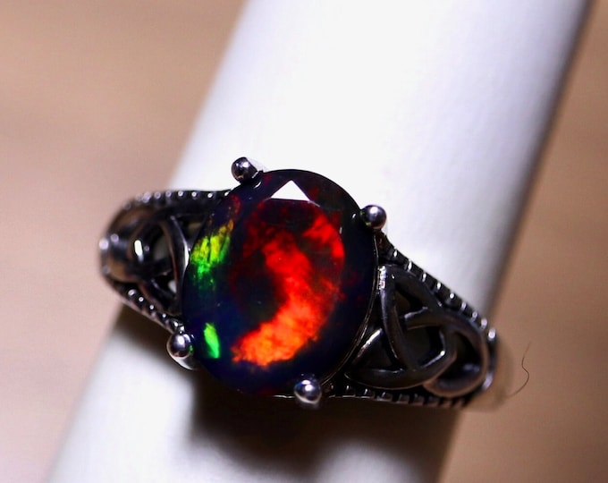 EXTREMELY bright intense red colored fire opal ring, natural opal ring, silver fire opal ring, genuine black opal, black fire opal ring