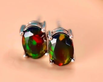 Black opal studs, black fire opal, opal jewelry, anniversary gift, natural opal earrings, opal studs, dainty earrings, fire opal studs