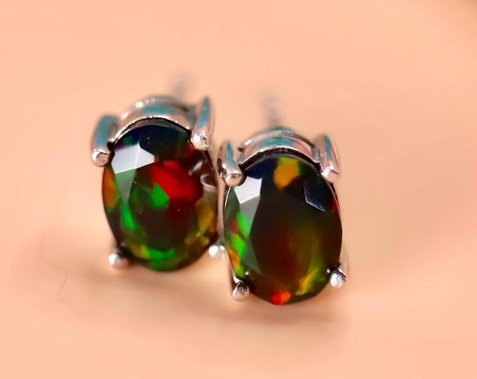 Black opal studs, black fire opal, opal jewelry, anniversary gift, natural opal earrings, opal studs, dainty earrings, fire opal studs