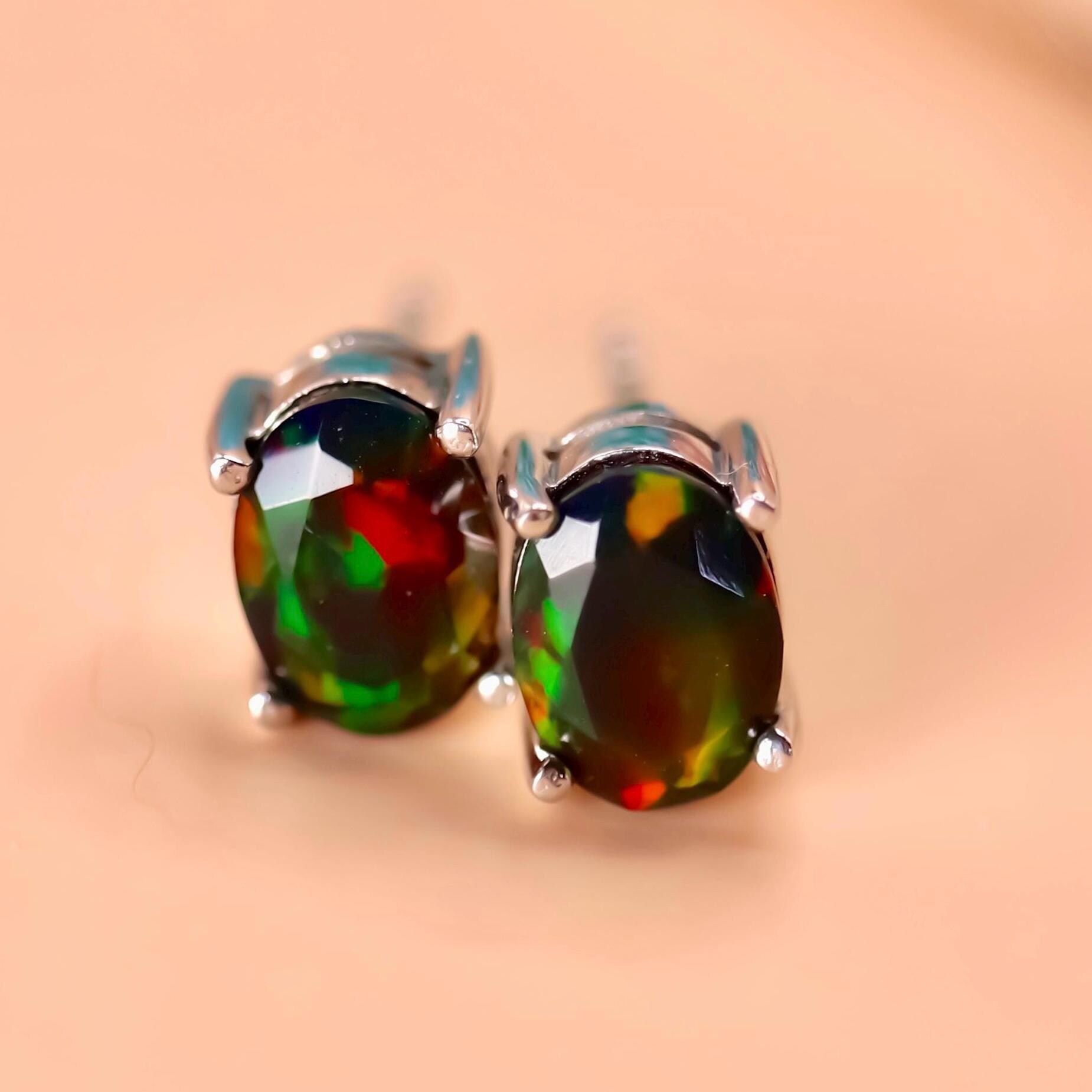 Black opal studs black fire opal opal jewelry anniversary gift natural opal earrings opal studs dainty earrings fire opal studs