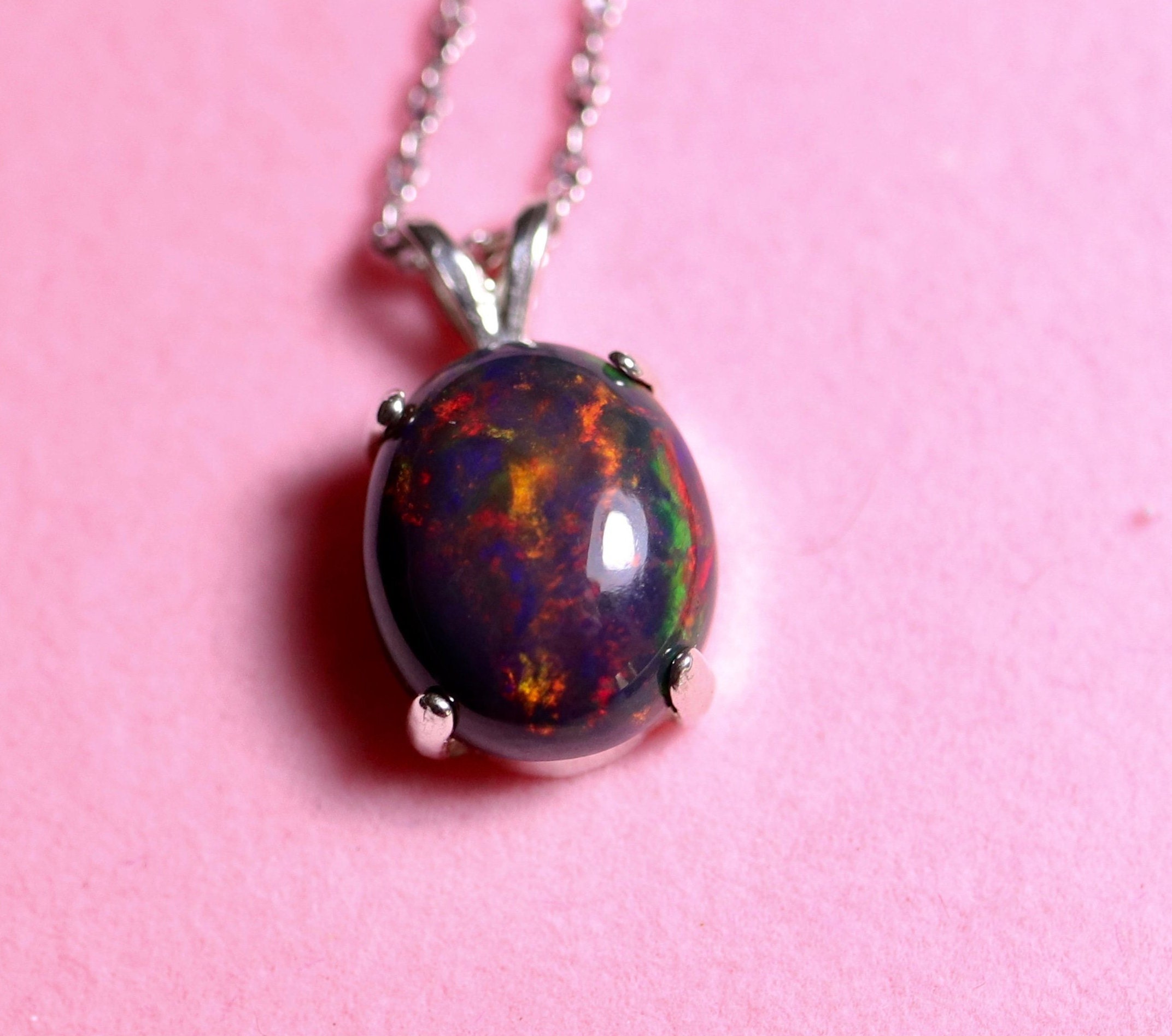 Natural black opal, black fire opal necklace, black opal pendant ...