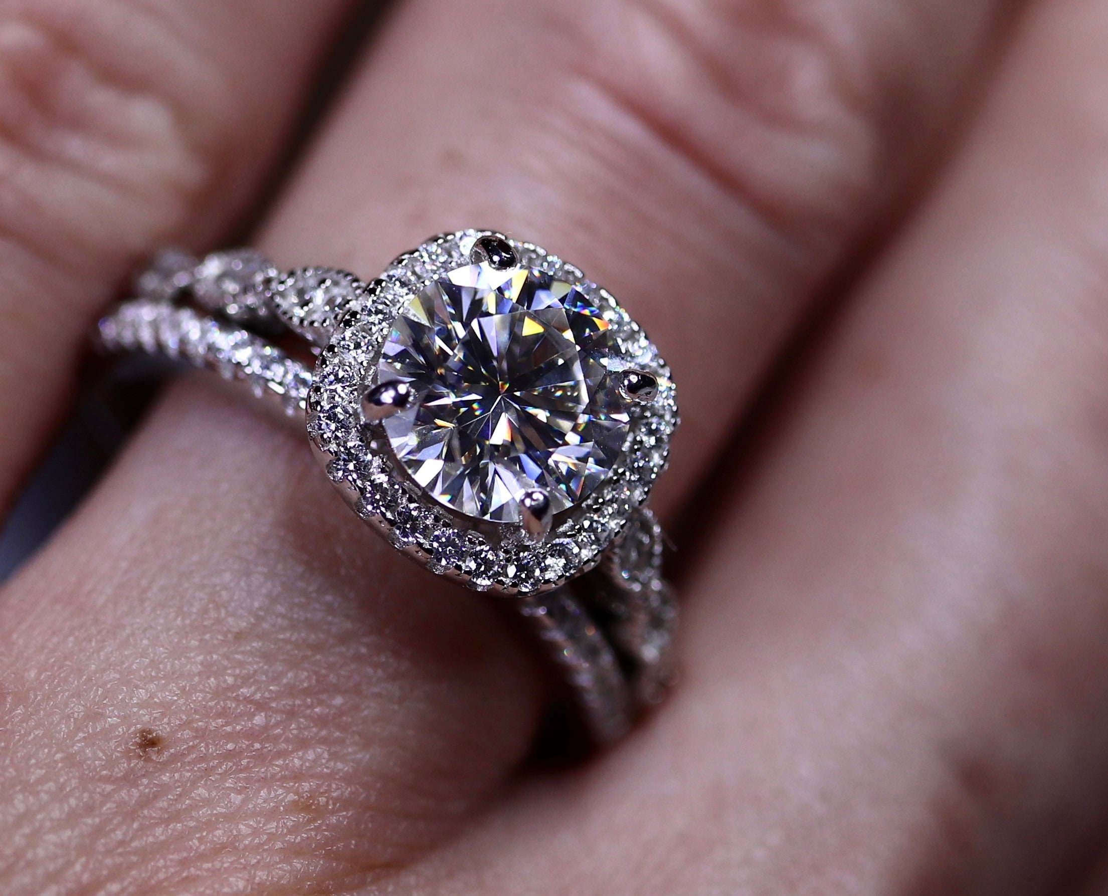 Gray Moissanite Bridal Ring Set, Cushion Halo Paved Wedding Ring, 925 Sterling Silver