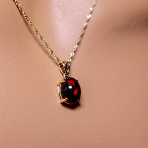Dainty Opal Necklace in Solid 14k Yellow Gold, Natural Black Fire Opal Gemstone, Genuine Black Opal, Necklace for Women, Opal Jewelry 14k