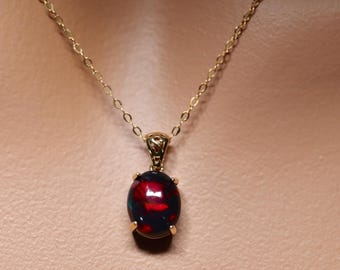 Dainty Opal Necklace in Solid 14k Yellow Gold, Natural Black Fire Opal Gemstone, Genuine Black Opal, Necklace for Women, Opal Jewelry 14k