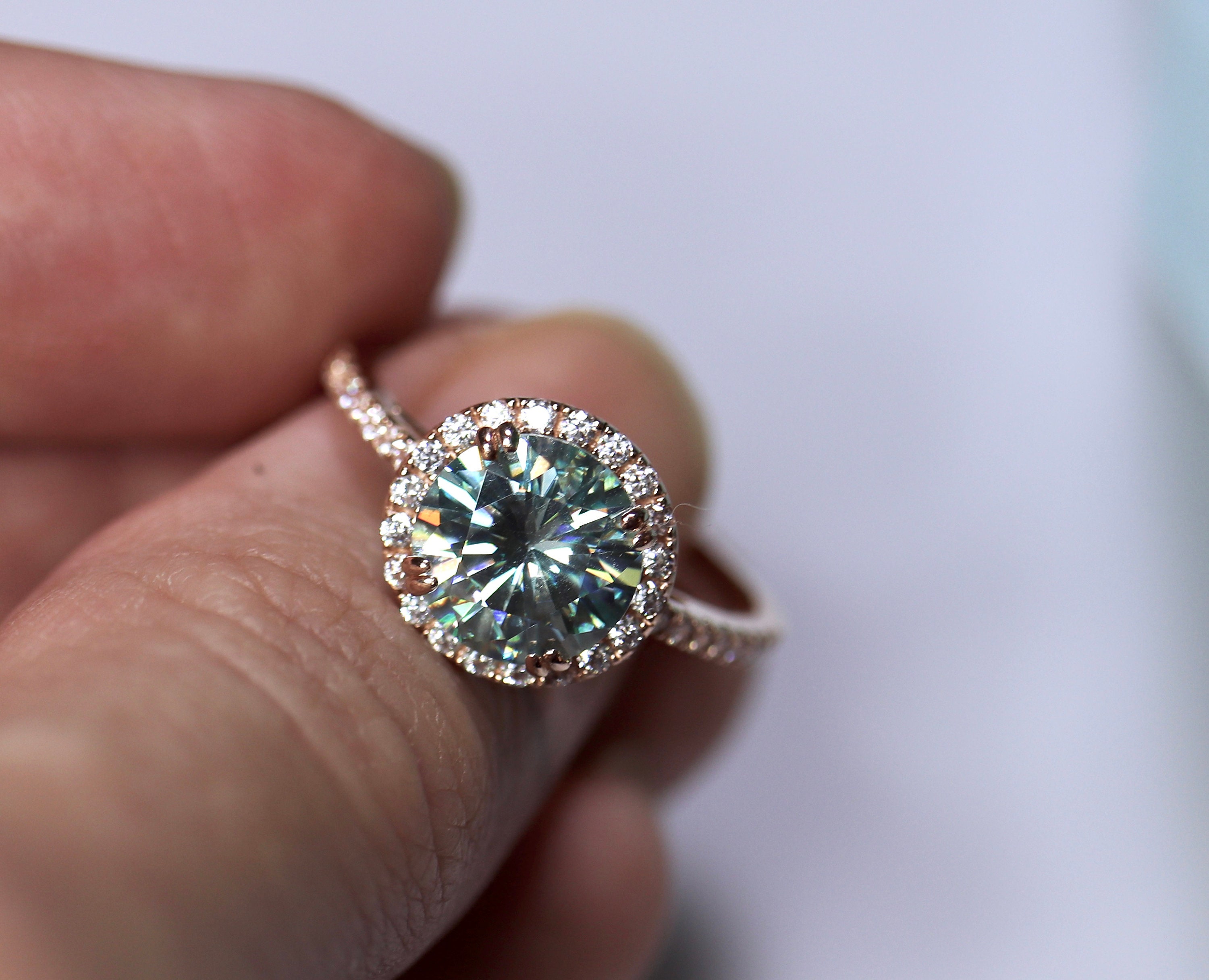 Gold moissanite ring, halo engagement ring, moissanite