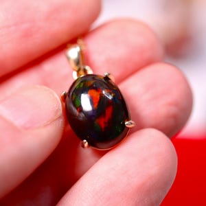 Black Fire Opal Pendant Necklace in 14k Gold - Natural Ethiopian Opal Jewelry, 14k Gold Opal Necklace, opal crystal necklace, Raw Opal