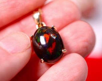Black Fire Opal Pendant Necklace in 14k Gold - Natural Ethiopian Opal Jewelry, 14k Gold Opal Necklace, opal crystal necklace, Raw Opal