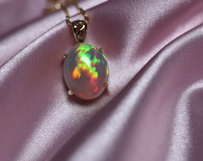 14k Opal Necklace handmade with a large opal stone - unique fire opal Necklace/birthstone jewelry/opal necklace gold/ethiopian Opal stone