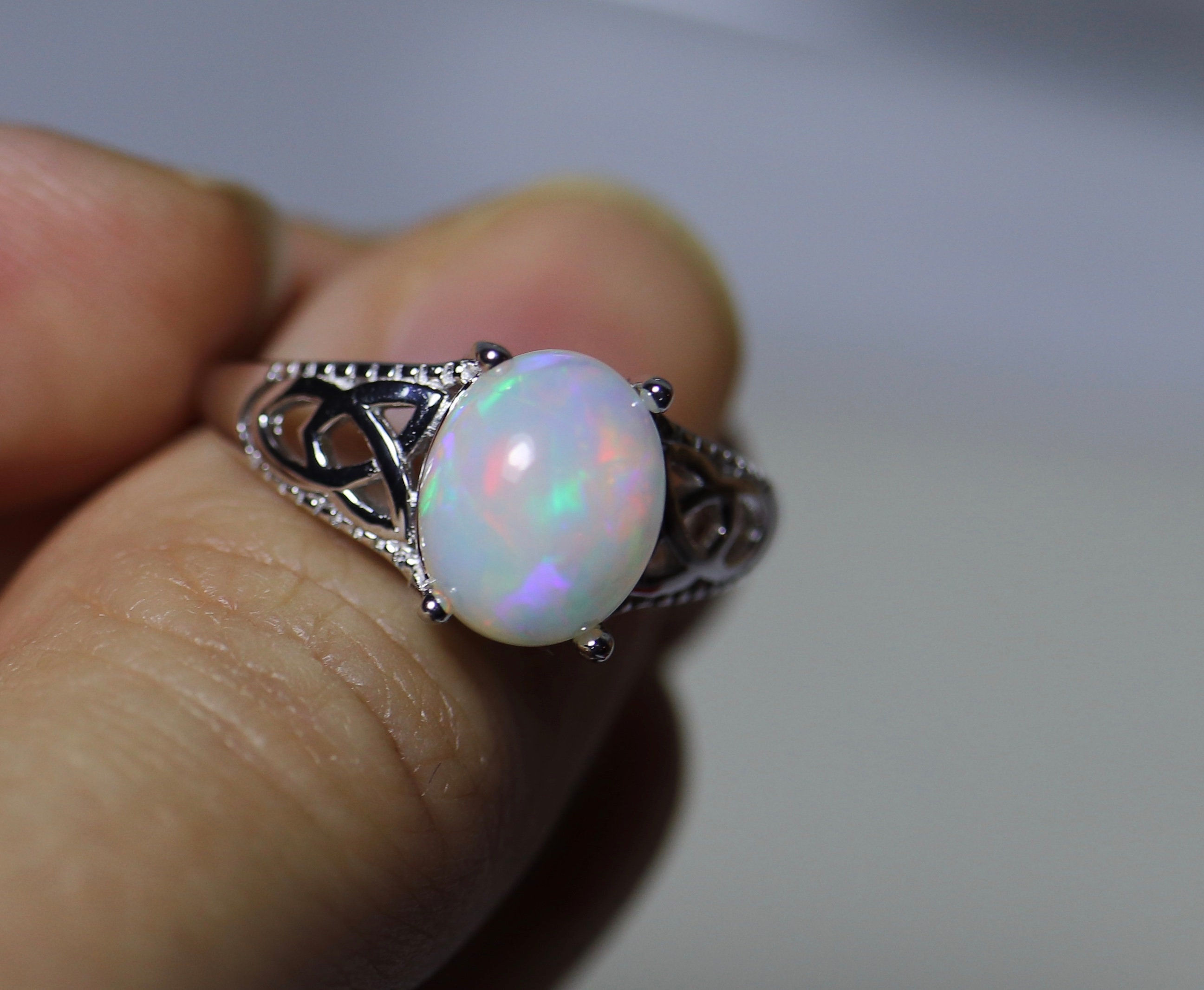 Unique white opal ring, genuine fire opal, Ethiopian opal Jewelry, opal ...