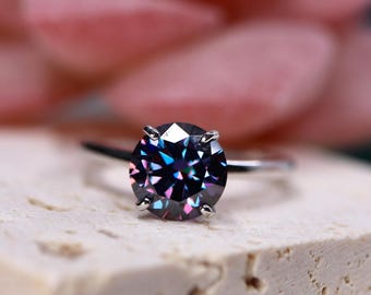 14k gold Moissanite Ring set handmade with a 2ct round brilliant cut Purple Moissanite/Moissanite Engagement Ring/Bridal Ring set/14k gold
