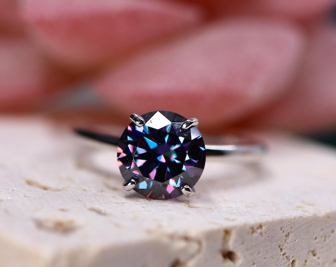 14k gold Moissanite Ring set handmade with a 2ct round brilliant cut Purple Moissanite/Moissanite Engagement Ring/Bridal Ring set/14k gold