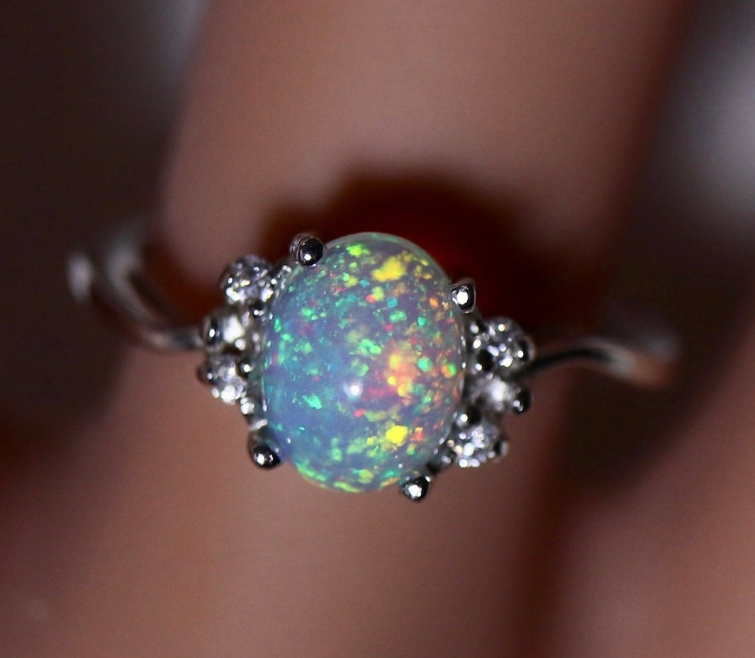 Rainbow opal ring, natural opal ring, opal engagement ring, dainty ring ...