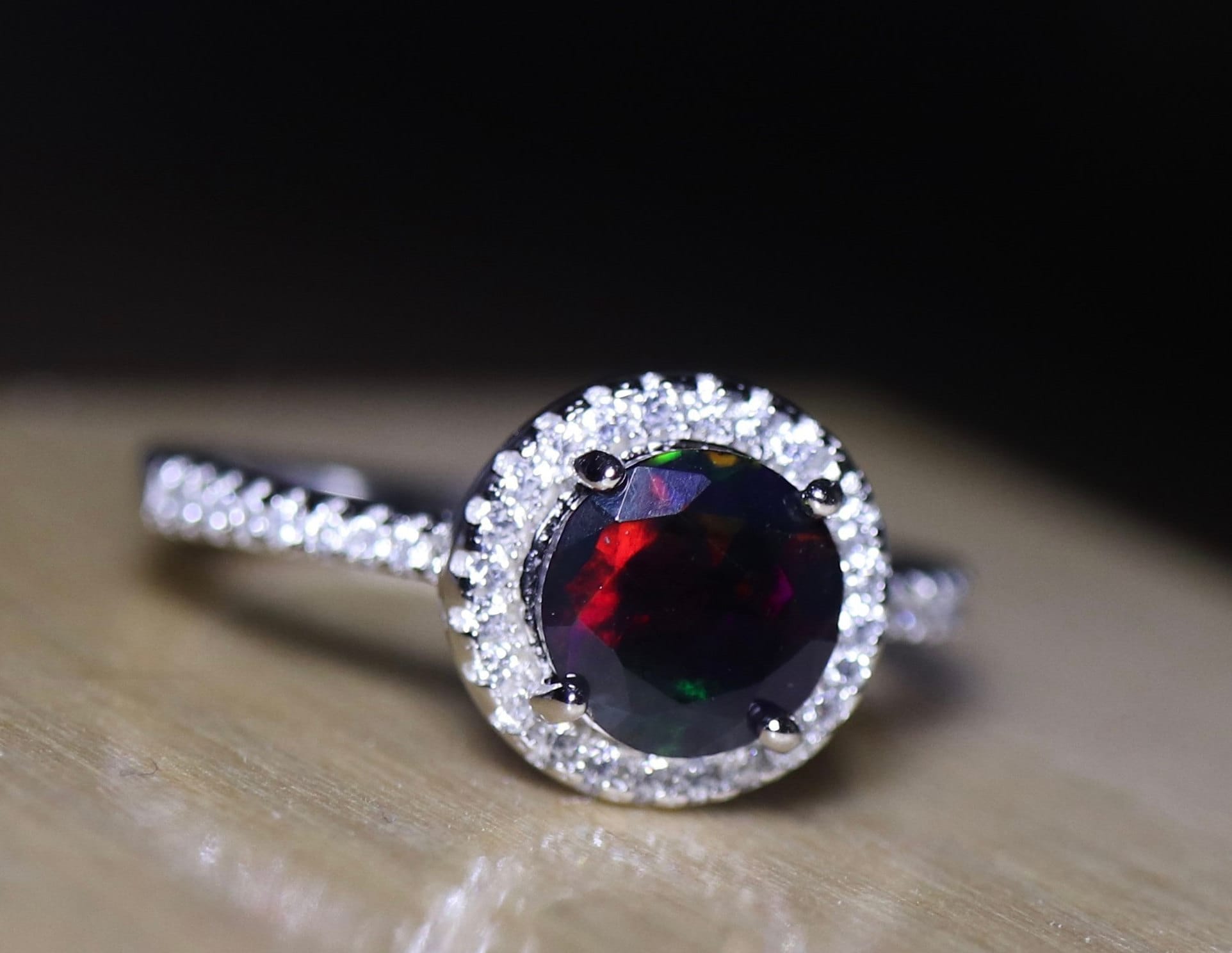 Black opal bridal set, opal halo ring, opal engagement