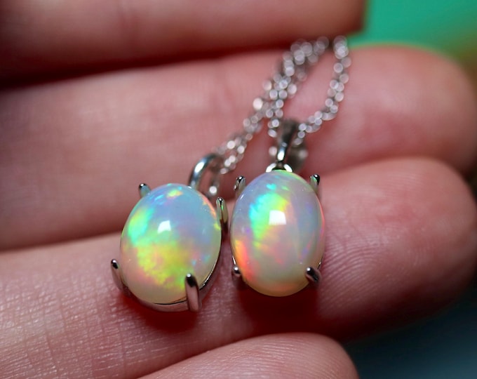 White opal necklace, blue Opal pendant, silver opal jewelry, opal birthstone, bridesmaid necklace, birthday jewelry, gift necklace, opals