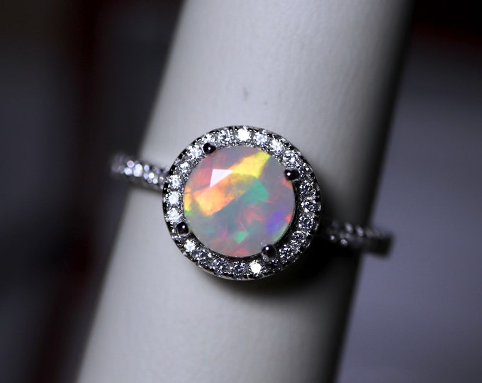 Opal bridal set, halo engagement ring, opal wedding ring, white gold band, 14k gold filled, sterling opal ring, half eternity band, 14k ring