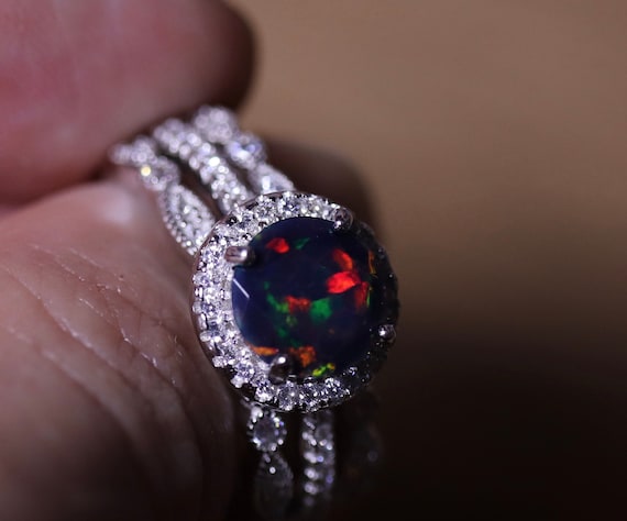 Black Opal Bridal Set Opal Halo Ring Opal Engagement Ring Black