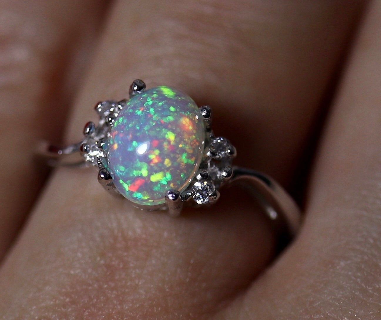 Rainbow opal ring, natural opal ring, opal engagement ring, dainty ring ...