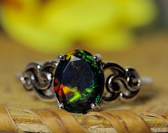 Black opal ring, anniversary ring, fire opal ring, natural black opal, Victorian opal ring, opal jewelry, gift for her, gifts for women