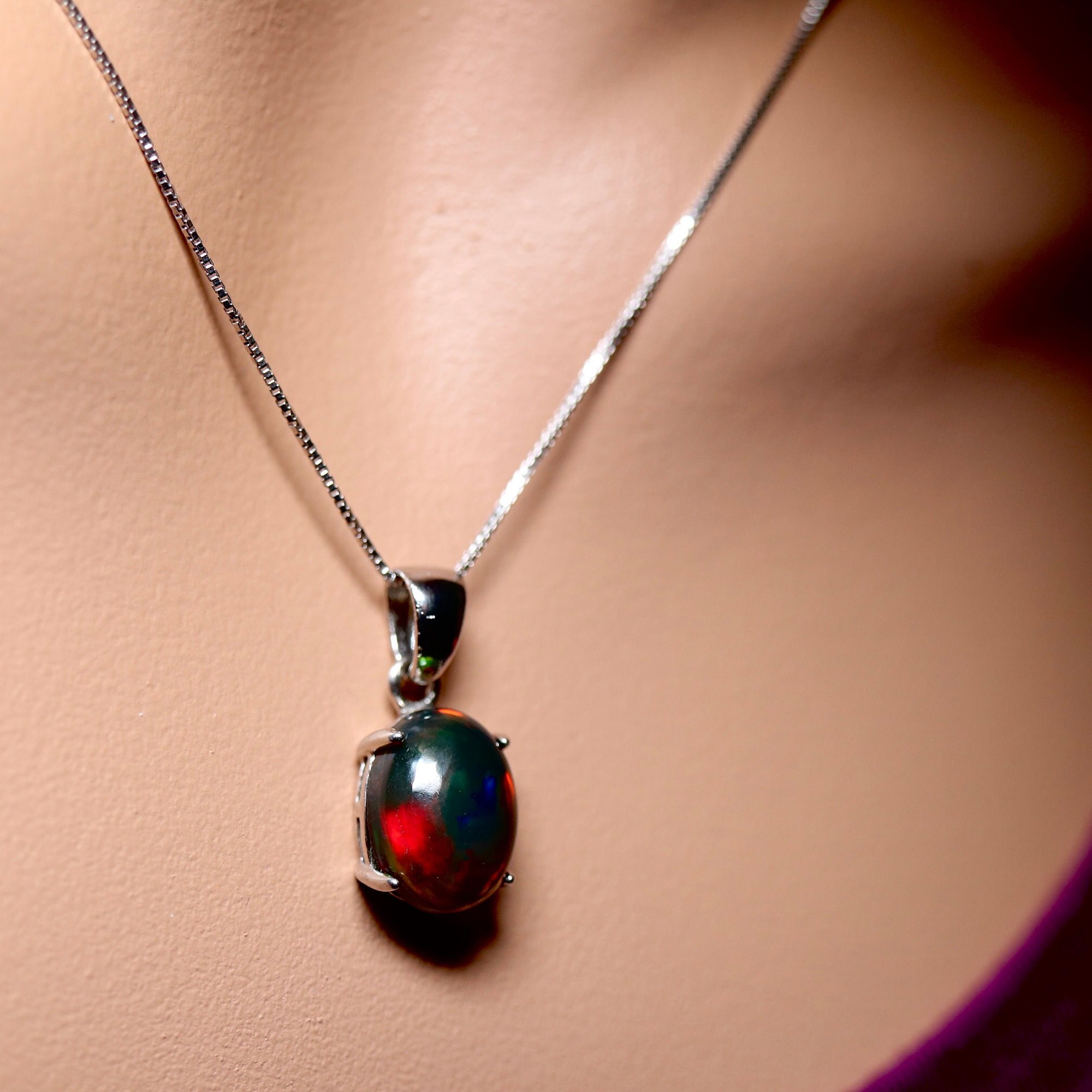 Natural Black Opal Necklace in White gold filled setting Real Opal