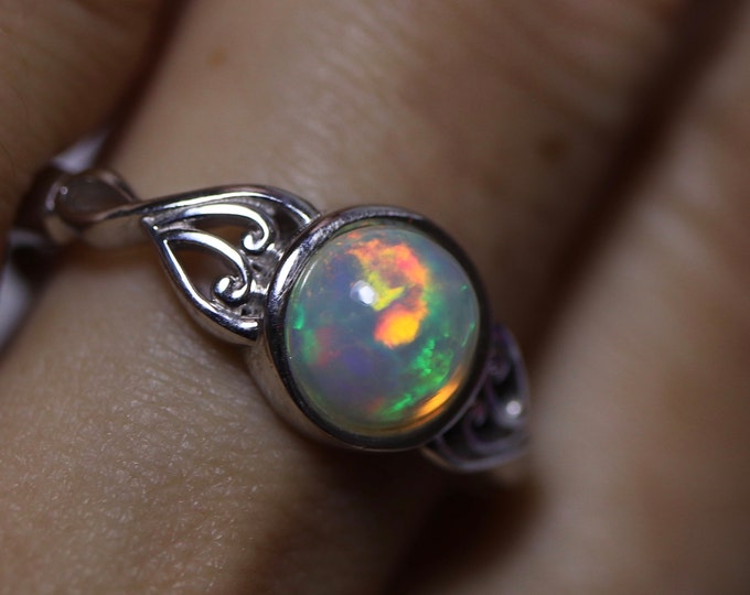 Art Deco opal Ring, Silver Opal Jewelry, Round Opal ring, Birthstone gift, White gold ring, blue opal, wedding jewelry, Christmas gift, opal