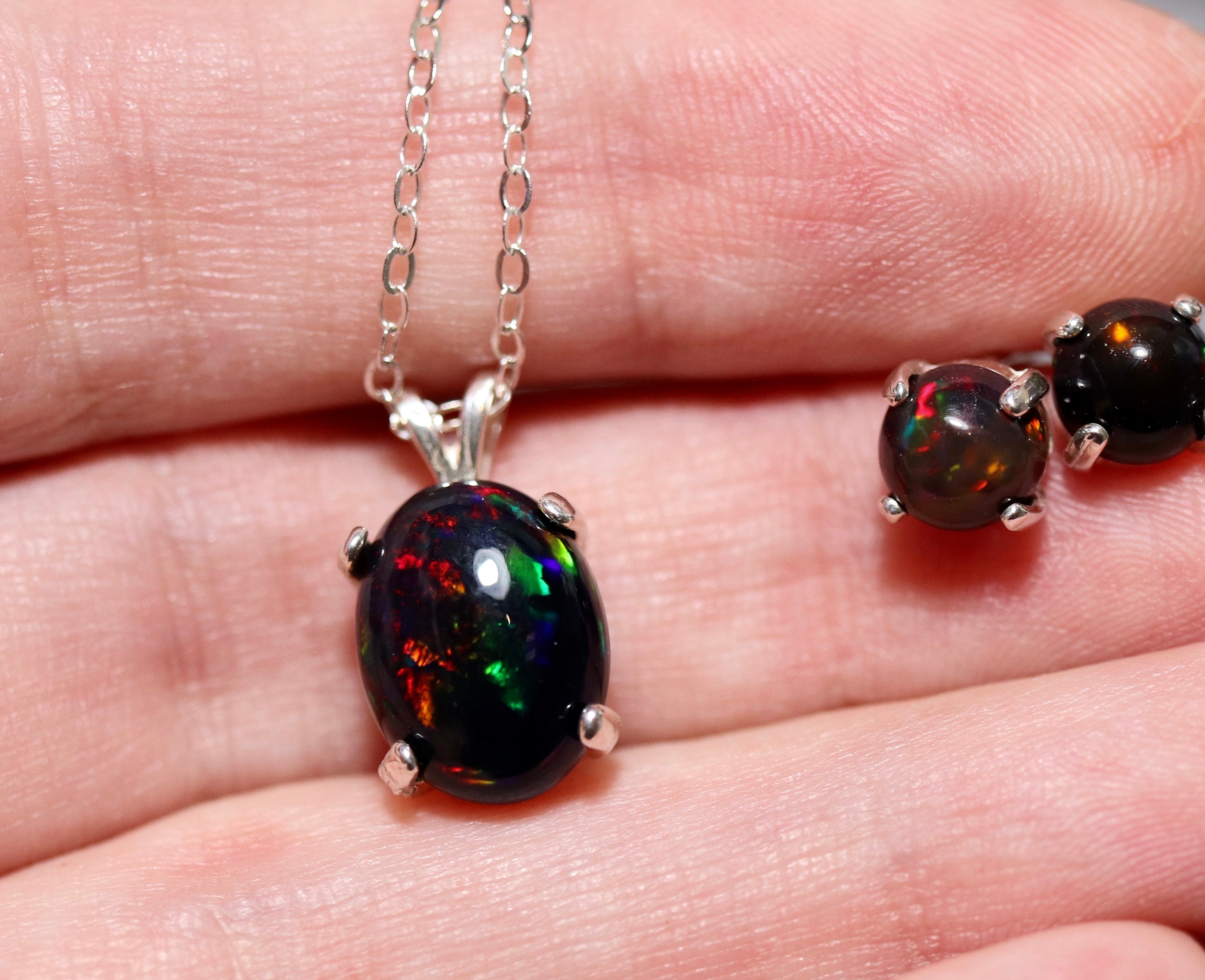 Black opal necklace, opal pendant, large opal pendant, black fire opal ...