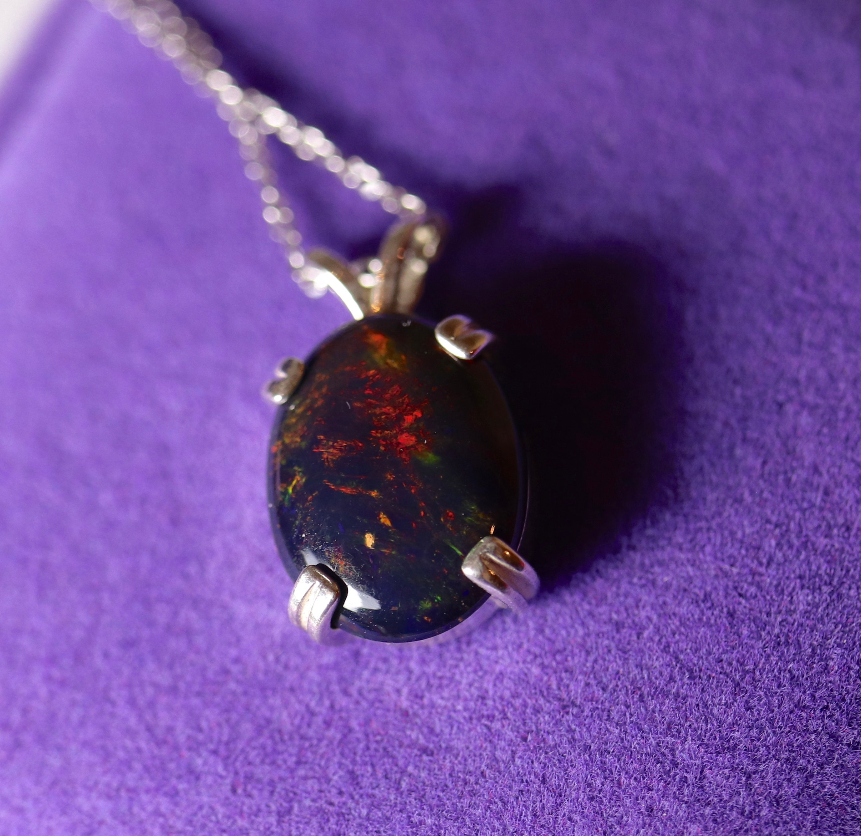 Black fire opal necklace, fire opal pendant, natural black opal, opal ...