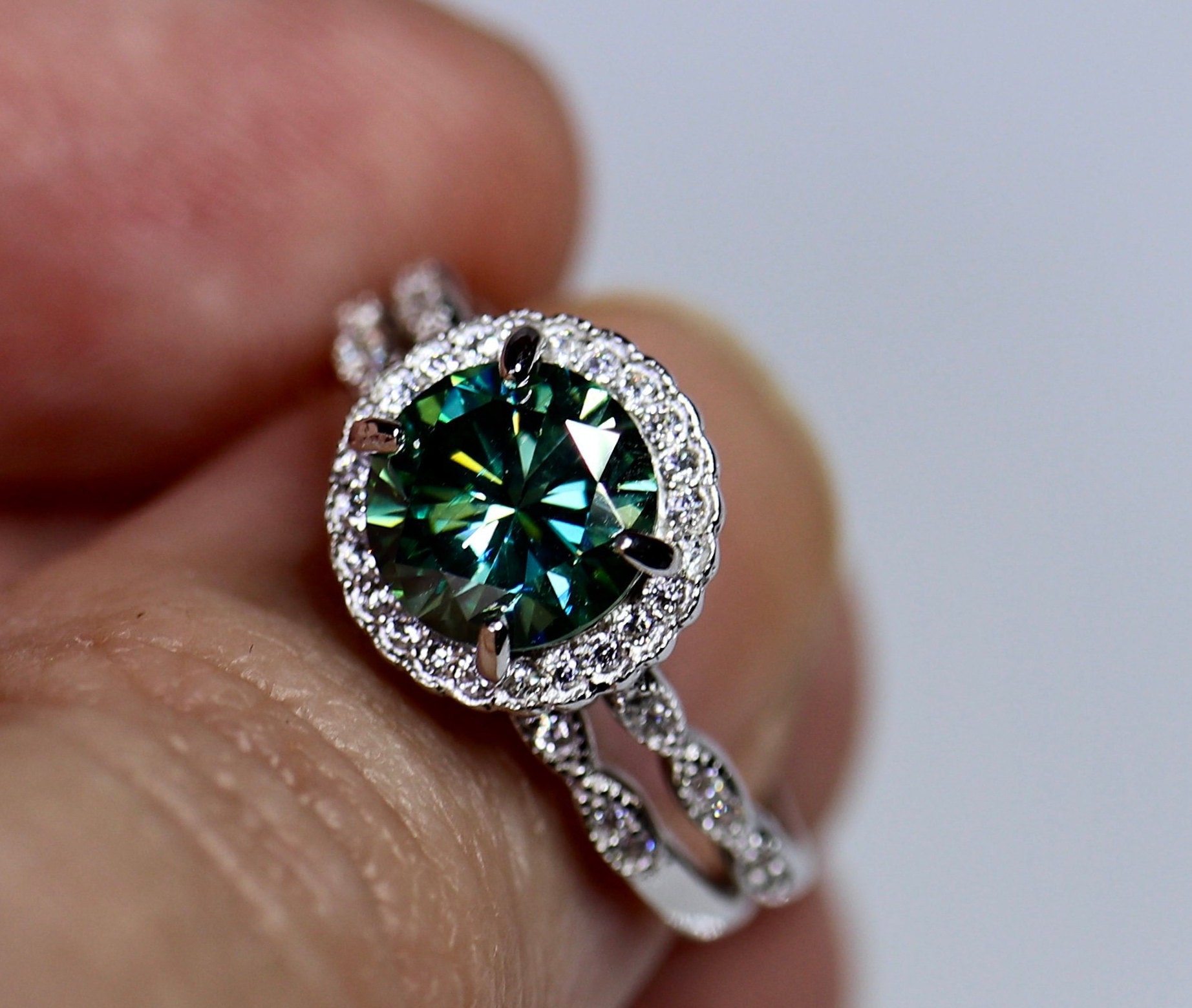 Moissanite ring, blue moissanite ring, bridal set, halo