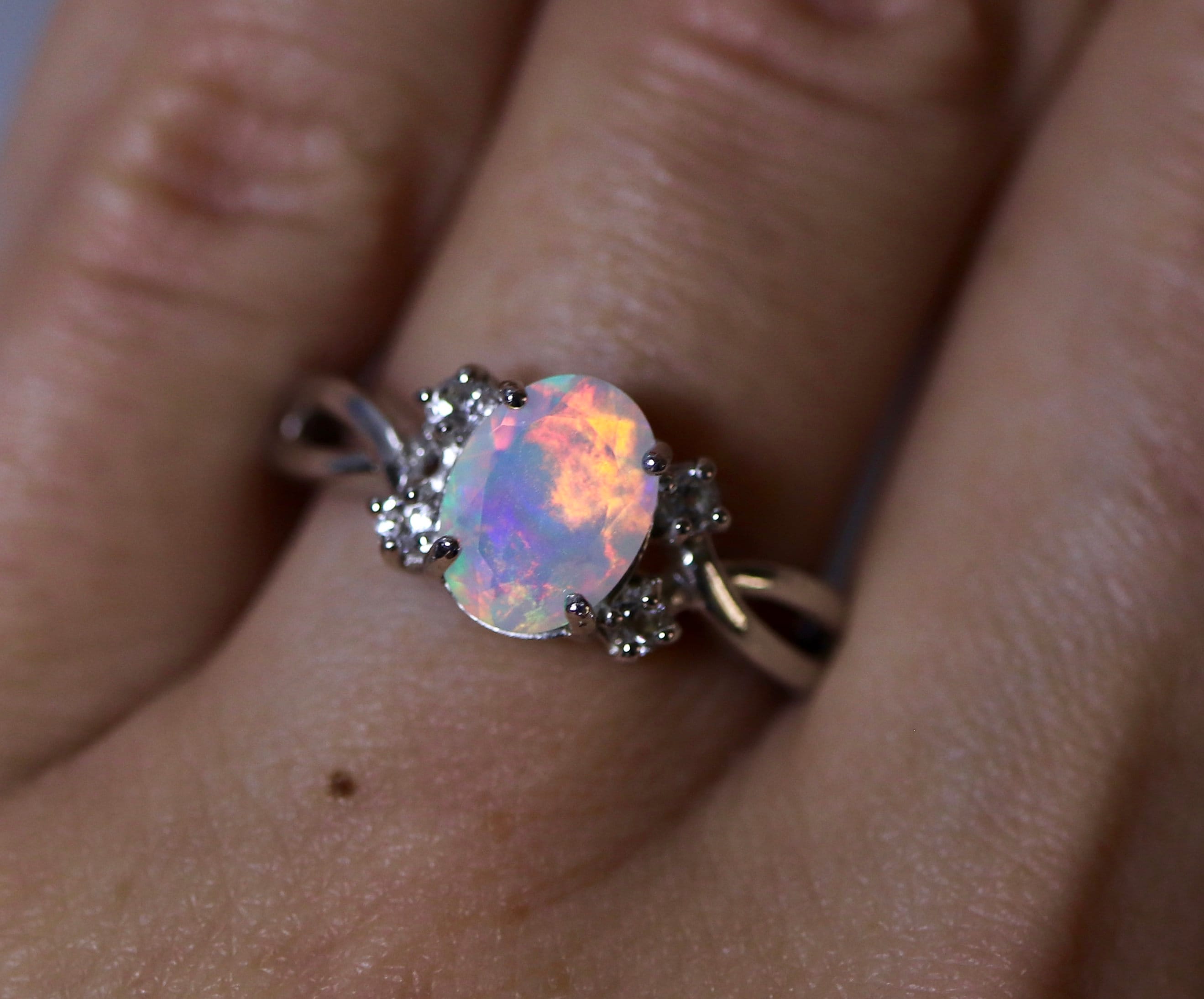 Natural opal ring, fire opal ring, opal engagement ring, rainbow opal ...