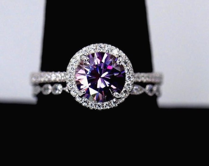 Moissanite Bridal Ring Set in Sterling silver Simulated diamonds Pave Band/Halo Moissanite Engagement Ring/Purple Stone Ring/wedding band