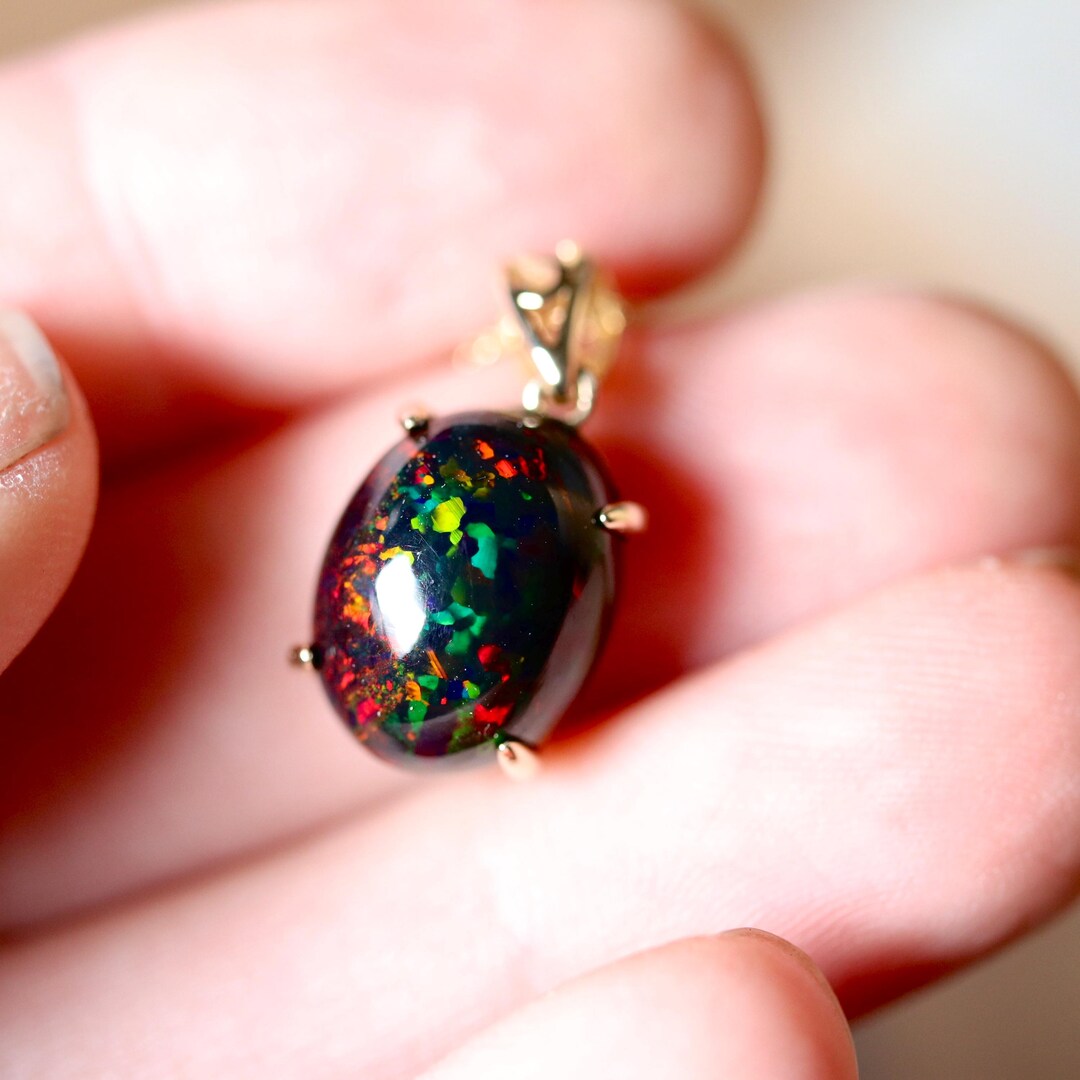 Black Fire Opal Necklace With a Large Natural Black Opal Stone in Solid ...
