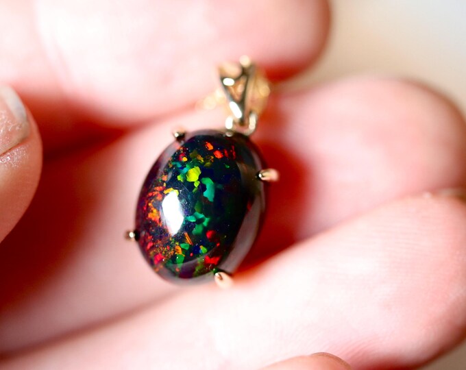 Black Fire Opal Necklace With a Large Natural Black Opal Stone in Solid 14k gold pendant/Fire Opal Pendant/Black Opal Jewelry/Opal Necklace