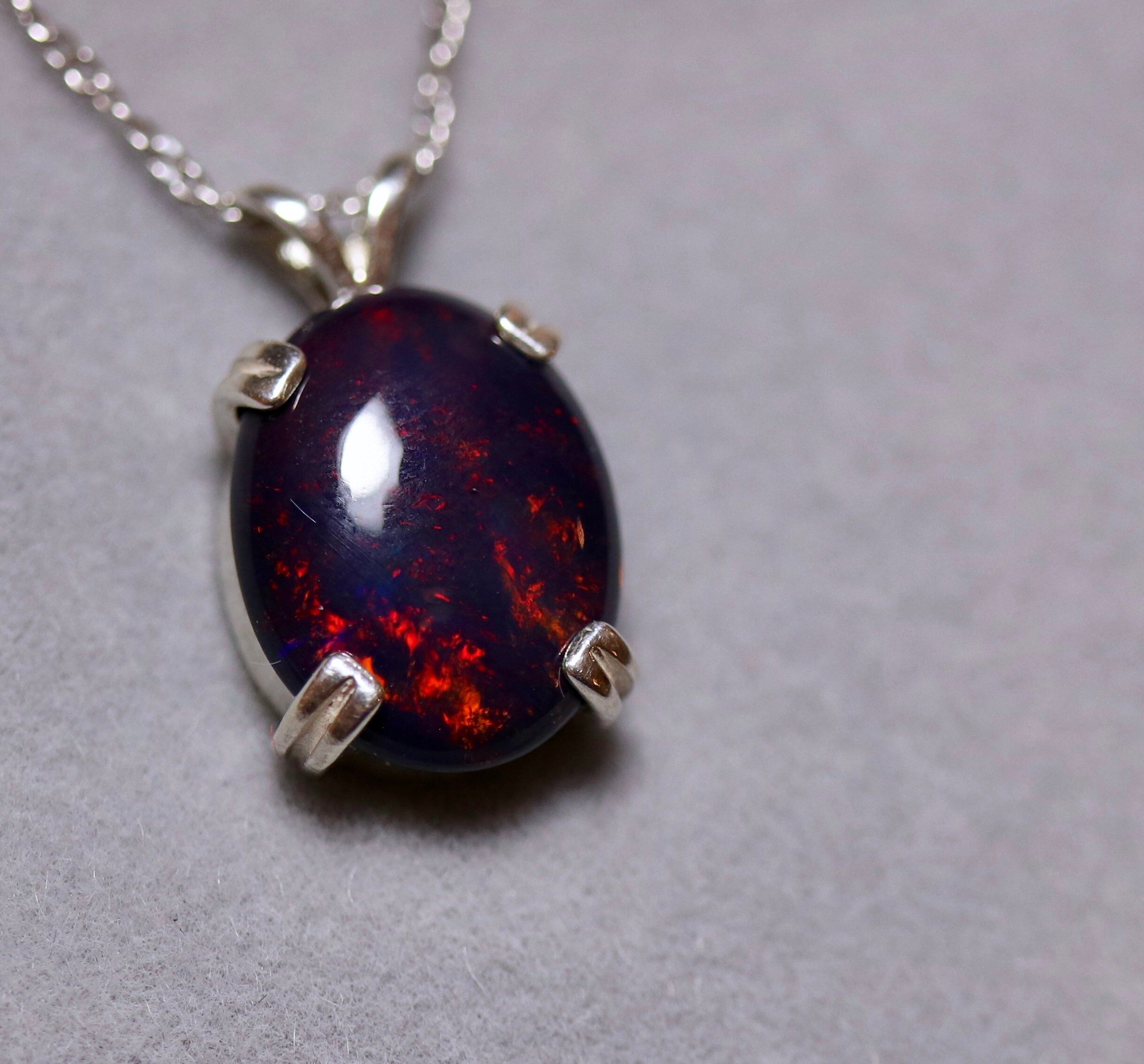 Black fire opal necklace, fire opal pendant, natural black opal, opal ...