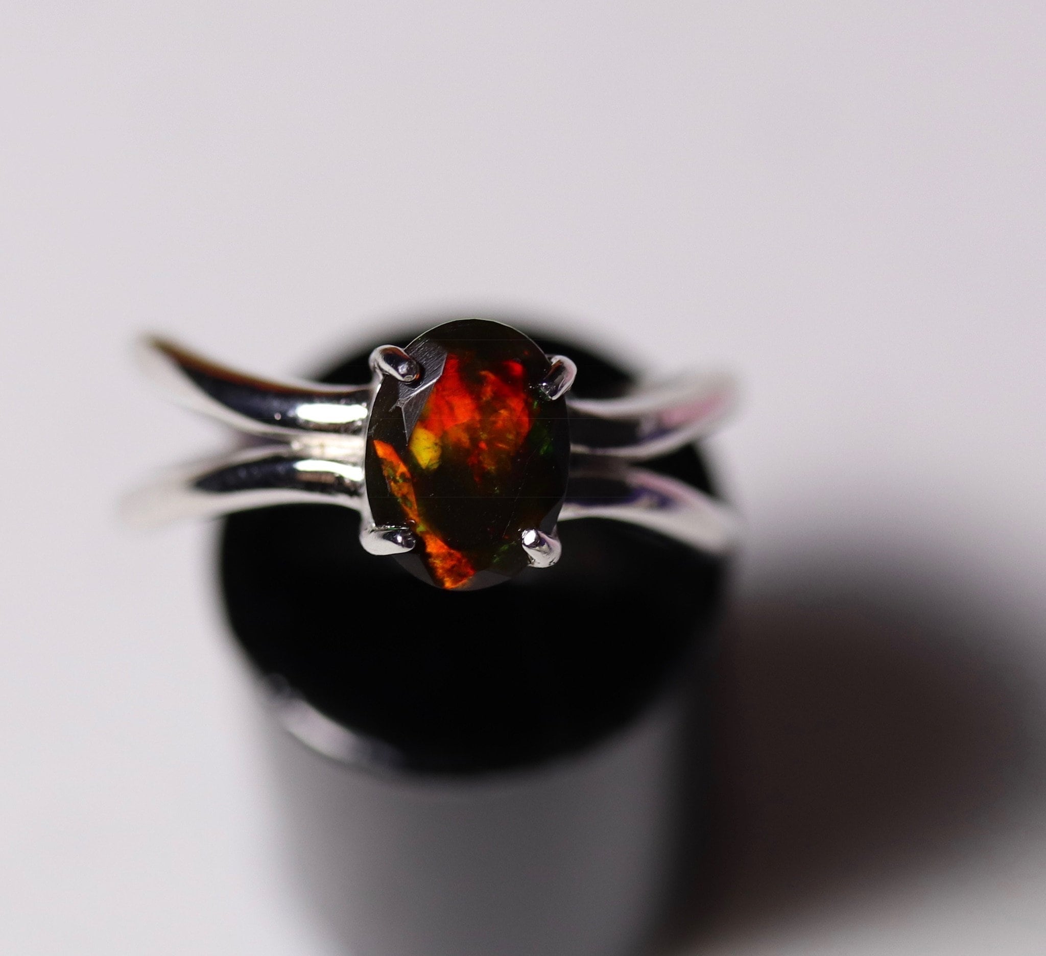 VIVID RED natural black fire opal ring, genuine black opal ring, silver