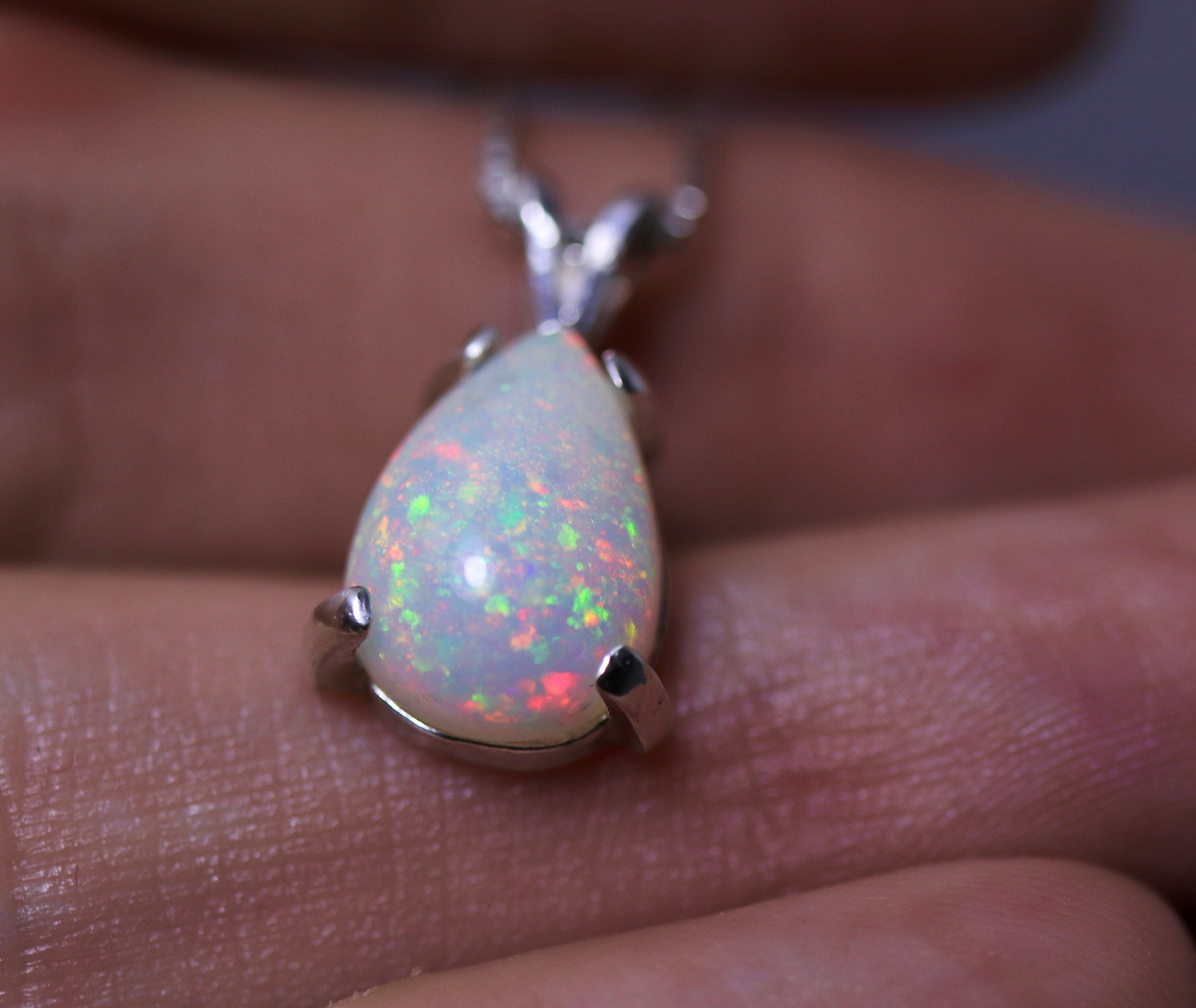 Pin fire opal necklace, fire opal pendant, white natural opal, pear