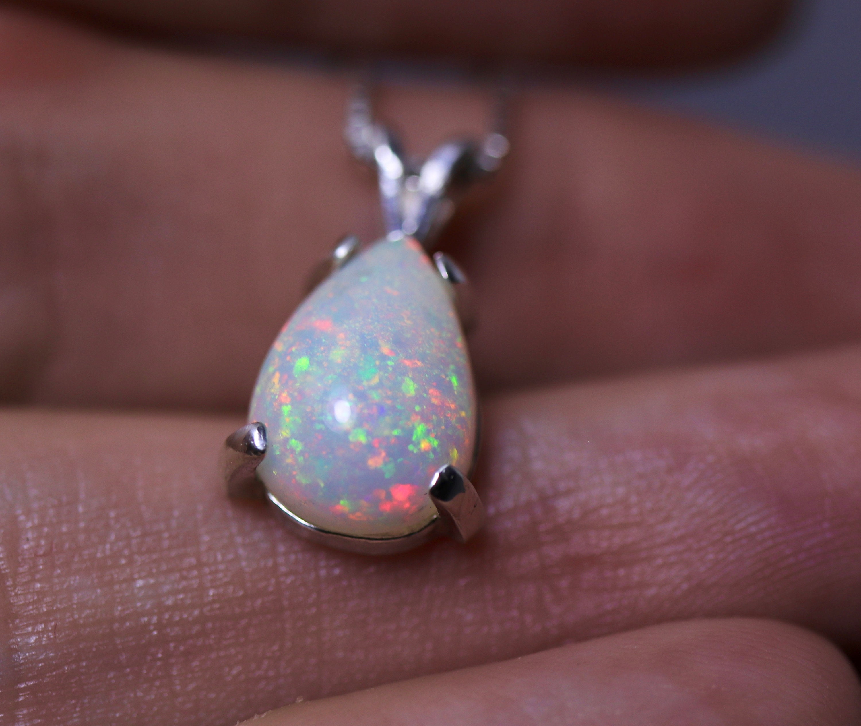 Pin fire opal necklace, fire opal pendant, white natural opal, pear ...