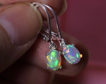 Blue fire opals, 14k white gold, oval gemstones, dainty jewelry, genuine fireeopal, unique gift, opal leverback, rhodium silver, minimalist,