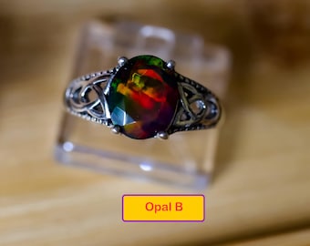 Black Opal Ring in 925 Sterling Silver/Handmade opal ring with Celtic inspired design/Genuine Black Fire opal ring 2 ct/