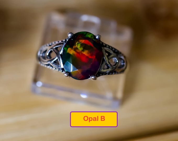 Black Opal Ring in 925 Sterling Silver/Handmade opal ring with Celtic inspired design/Genuine Black Fire opal ring 2 ct/