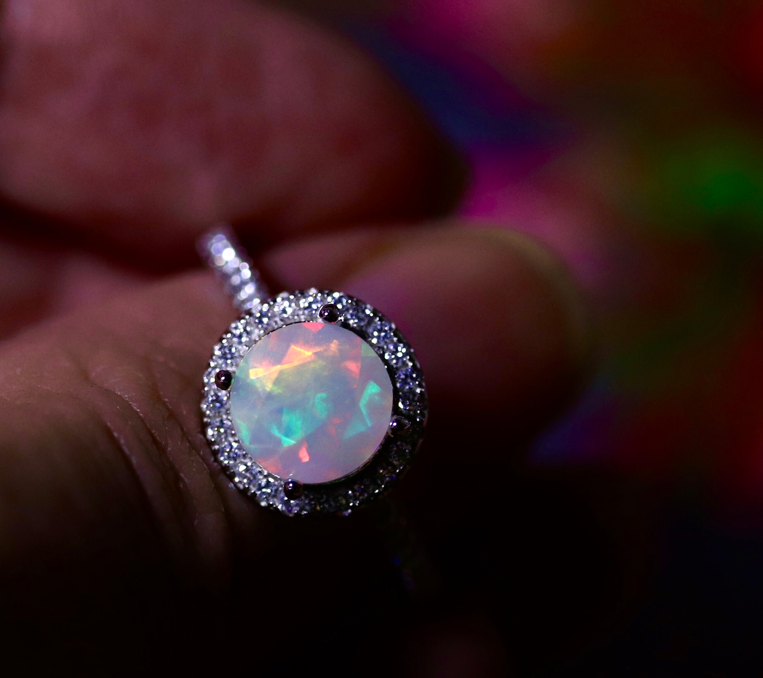 Opal bridal set, halo engagement ring, opal wedding ring, white gold