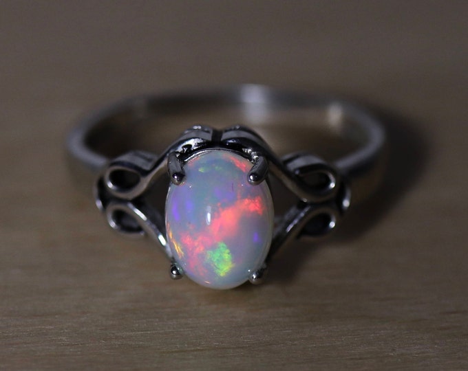 Silver opal ring, celtic style, authentic opal, unique design, jewelry gift for girls, fast shipping, top quality craftsmanship, white gold