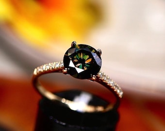 Black Diamond Engagement Ring in 14k yellow gold with natural diamonds as pavers, Wedding Ring Set in Art Dec
