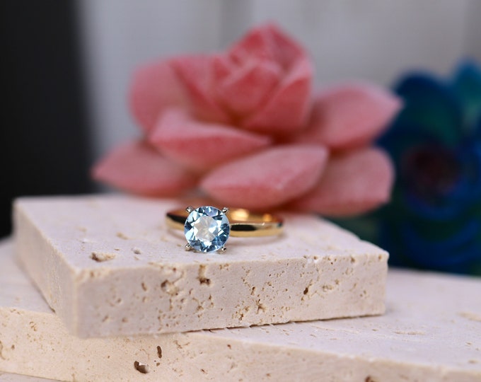 14k gold aquamarine engagement ring featuring a wide gold band with a 7mm blue stone /Simple Gold ring/Gold engagement ring/Blue ring, 14k