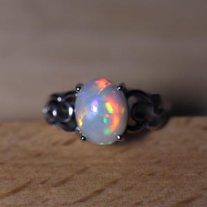 Ethiopian Fire Opal Ring, Natural Opal Jewelry, Genuine Opal Silver Ring with Rainbow Fire, Vintage Opal Ring, Gift for Her, victorian style