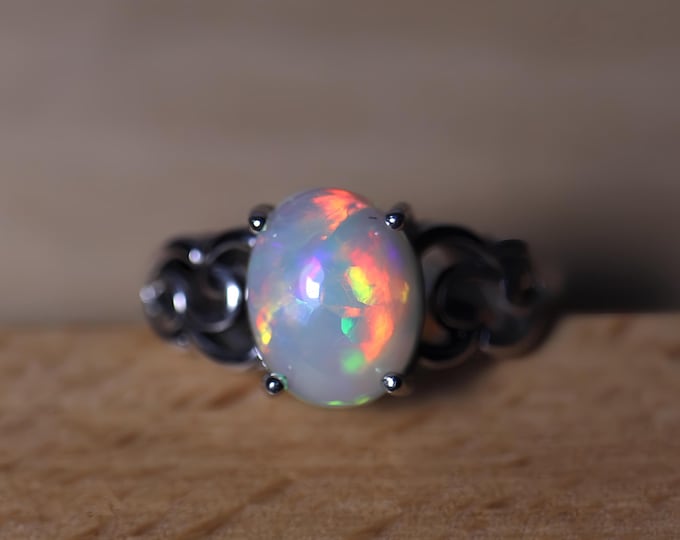 Ethiopian Fire Opal Ring, Natural Opal Jewelry, Genuine Opal Silver Ring with Rainbow Fire, Vintage Opal Ring, Gift for Her, victorian style